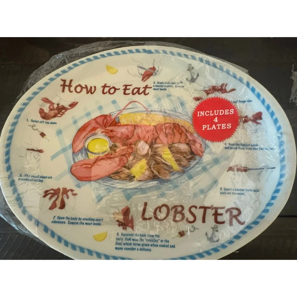 New Set of 4 How to Eat Lobster Plates Oval Seafood Boil Nautical White
